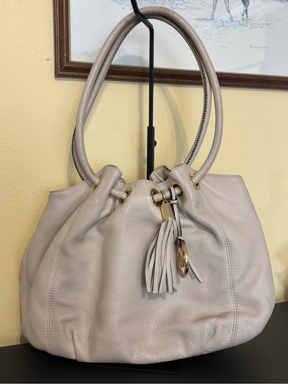 Michael Kors Soft Pebbled Leather Tassel Shoulder Bag in Light Beige